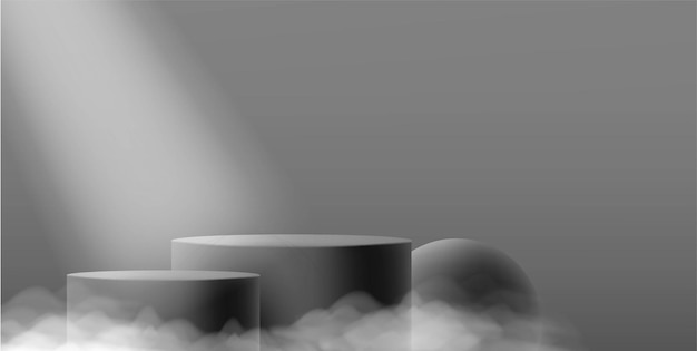 D black cylinder empty pedestal with spotlight and sphere with clouds or fog product scene showcase