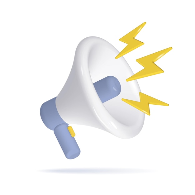 D cartoon megaphone with yellow lightning isolated on white background realistic modern minimal desi