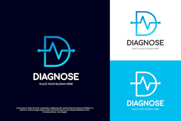 D diagnose vector logo template. This design use heart beat symbol. Suitable for medical.