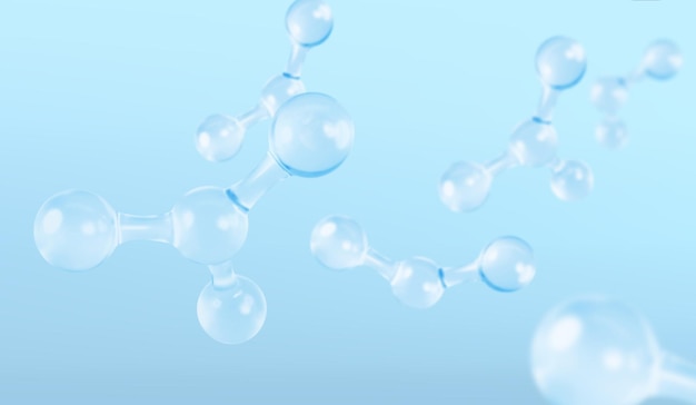 ガラスのモレキュールや原子を明るい青い背景に 生物化学的薬品の美しさの概念