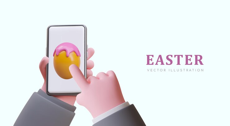 Vector d hand clicks on painted egg on smartphone screen spring game egg hunt