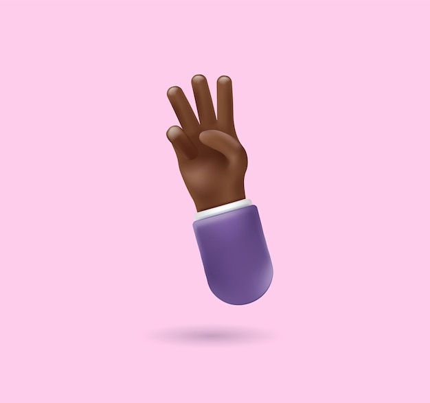 Vector d hand icon with three fingers on pink background plastic volumetric hand with dark skin for your de...