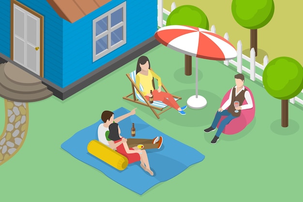 裏庭のパーティーの夏のピクニックと屋外の概念的なイラスト