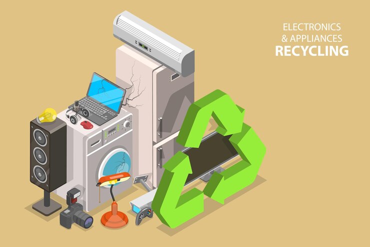 Vector d isometric flat vector conceptual illustration of electronics and appliances recycling ewaste