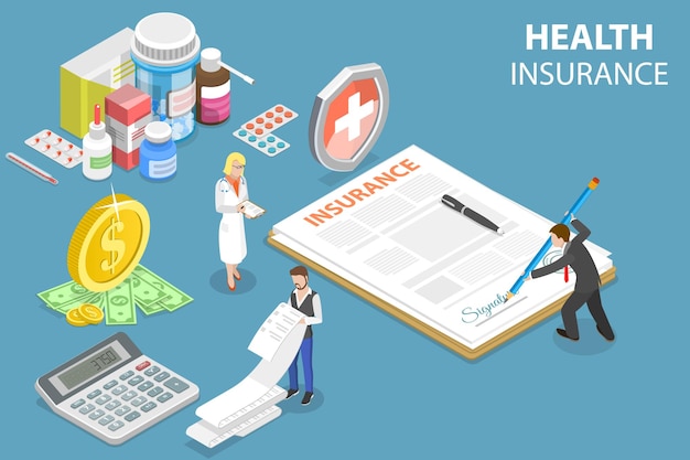 Vector d isometric flat vector conceptual illustration of health insurance signing policy document