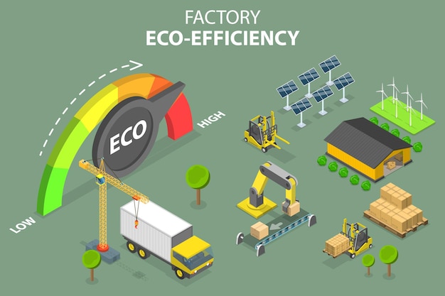 ベクトル イソメトリック・フラット・ベクトル - 工場のエコ効率性持続可能性グリーン性の概念的イラスト