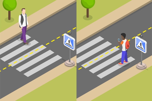 イソメトリック・フラット・ベクトル - 歩行者用道路安全規制の概念的イラスト