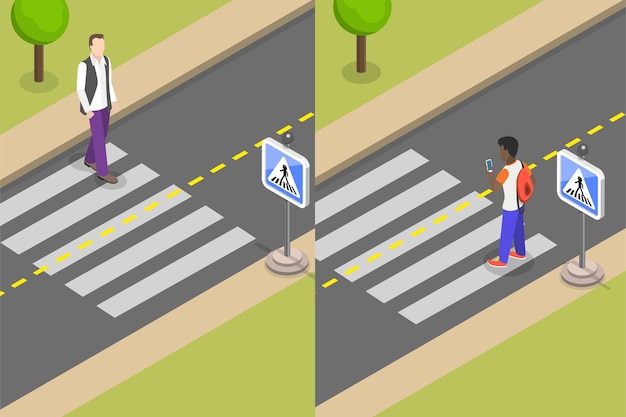 Vector d isometric flat vector conceptual illustration of pedestrian road safety rules crosswalk with