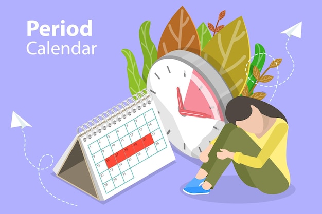 D isometric flat vector conceptual illustration of period calendar tracking menstrual cycle and