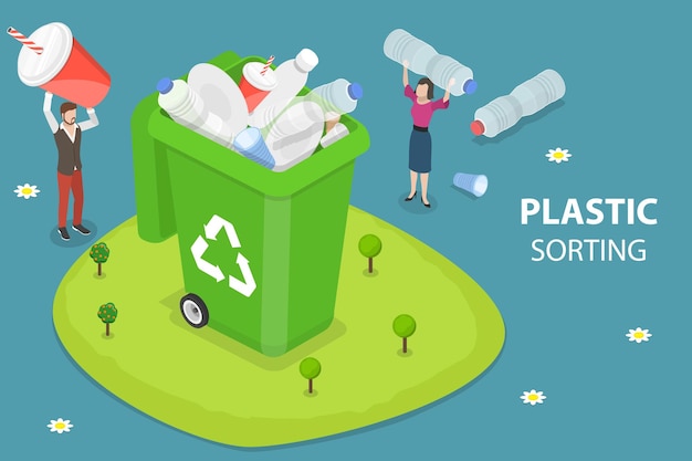 Vector d isometric flat vector conceptual illustration of plastic garbage collecting waste segregation and