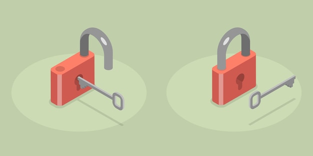 D isometric flat vector icon of lock with key confidentiality and security