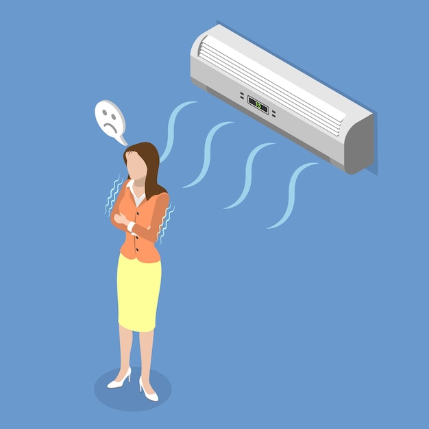 D isometric flat vector illustration of air conditioner a character shivering in cool air