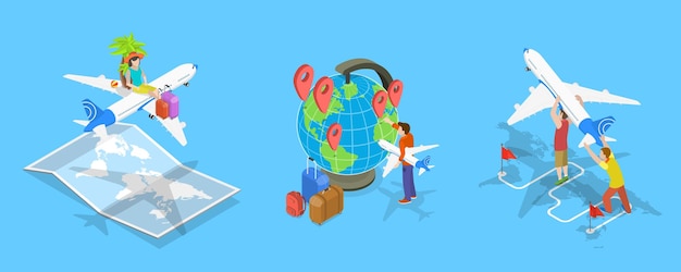 d isometric flat vector illustration of air trip traveling by aircraft