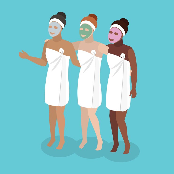 Vector d isometric flat vector illustration of antiaging procedure smiling girls with cosmetic face masks