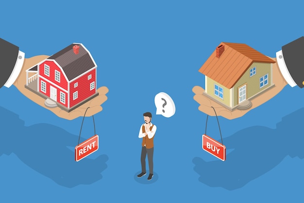 d isometric flat vector illustration of buy or rent house lease vs mortgage