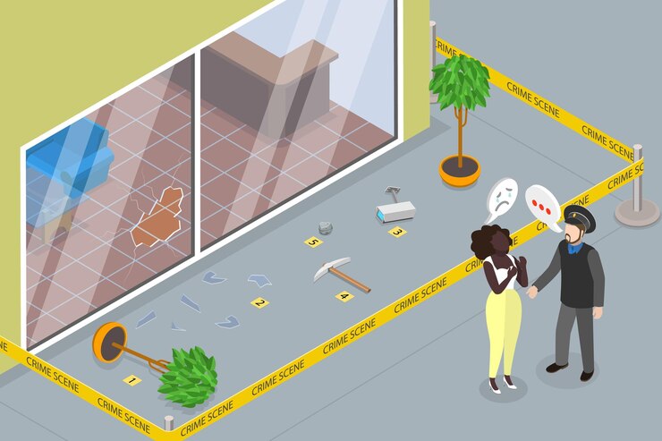 Vector d isometric flat vector illustration of crime scene store robbery