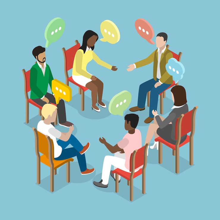 Vector d isometric flat vector illustration of discussion circle psychology therapy