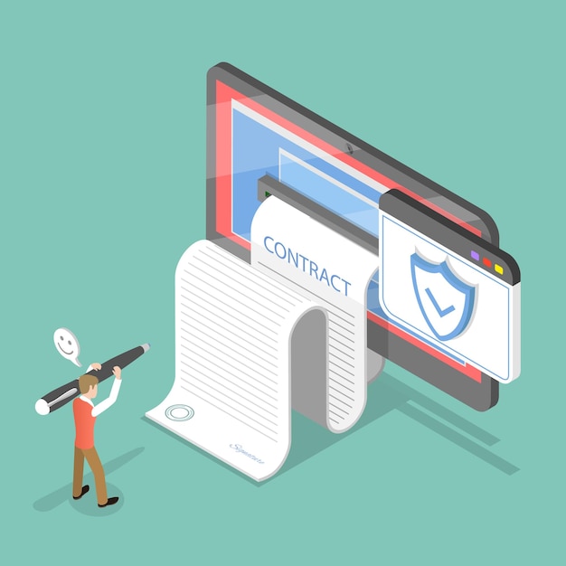 d isometric flat vector illustration of electronic contract with digital signature agreement