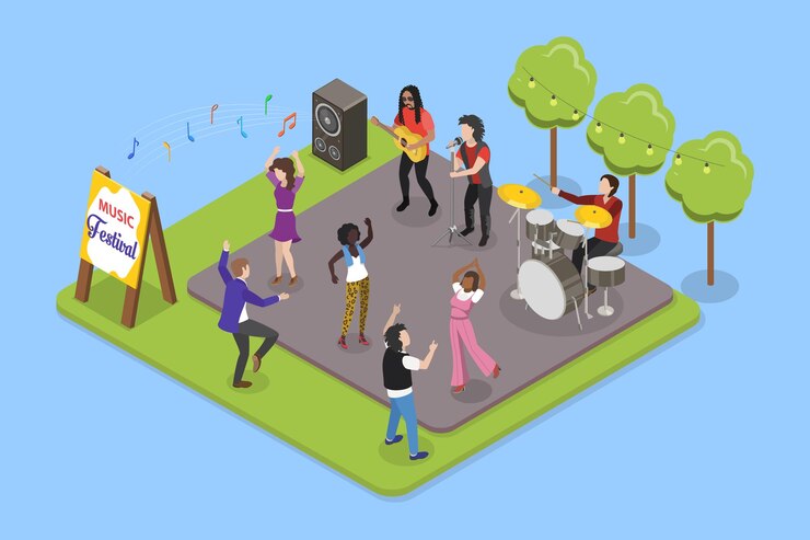 Vector d isometric flat vector illustration of entertainment event singing and dance party with friends
