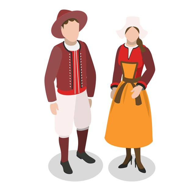 D isometric flat vector illustration of europeans national clothes traditional costumes item