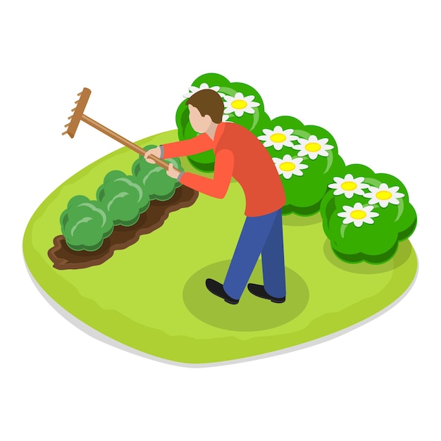 Vector d isometric flat vector illustration of garden landscape worker backyard landscaping item