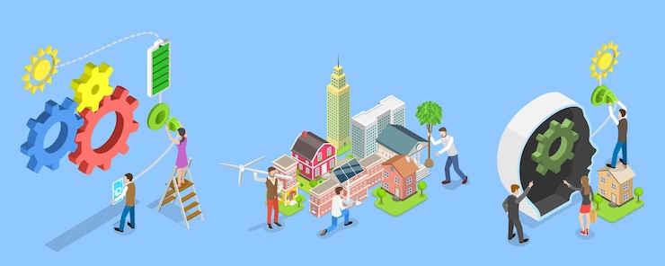 Vector d isometric flat vector illustration of green energy renewable power sources