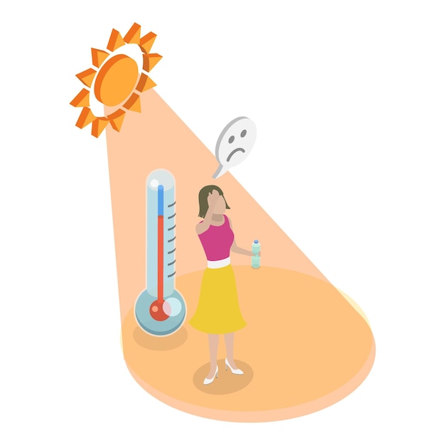 Vector d isometric flat vector illustration of heatstroke sun overheating and dehydration item