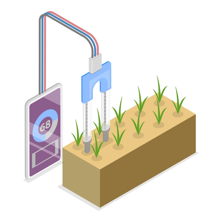 Vector d isometric flat vector illustration of irrigation system components soil moisture control item