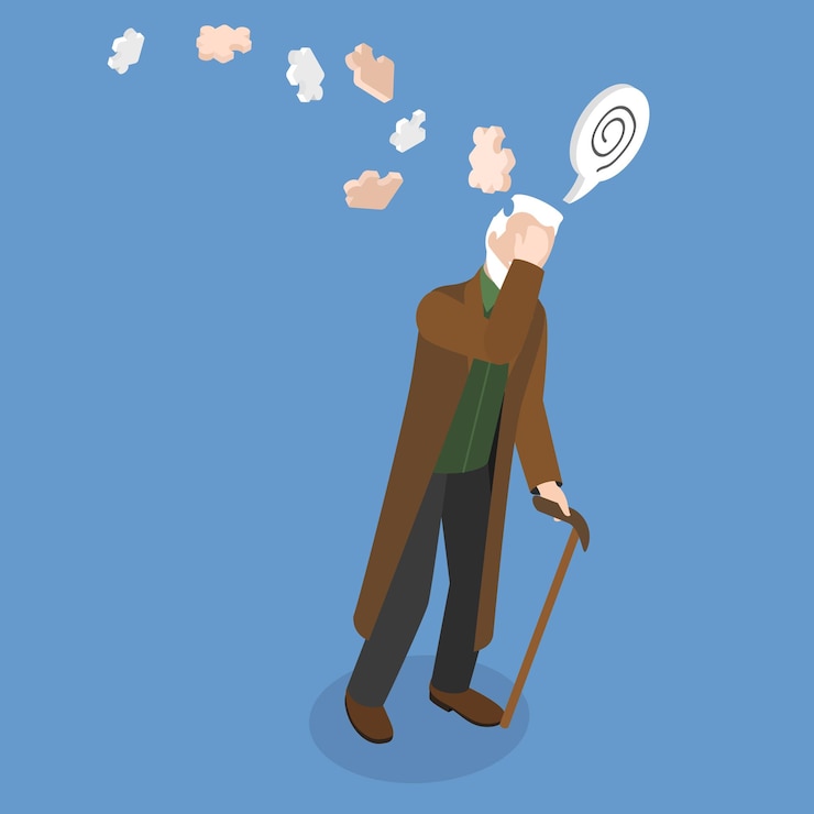 वेक्टर d isometric flat vector illustration of memory problems seniors mental health