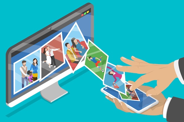 d isometric flat vector illustration of multimedia transfer smartphone streaming photos to computer