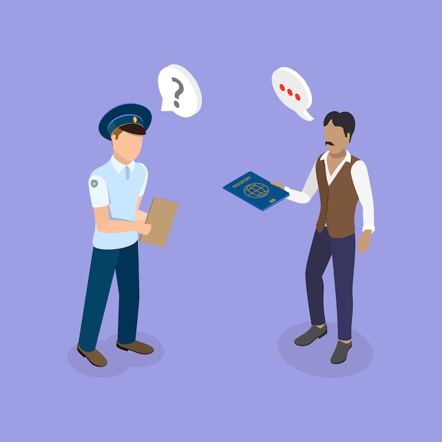 D isometric flat vector illustration of passport control person identification