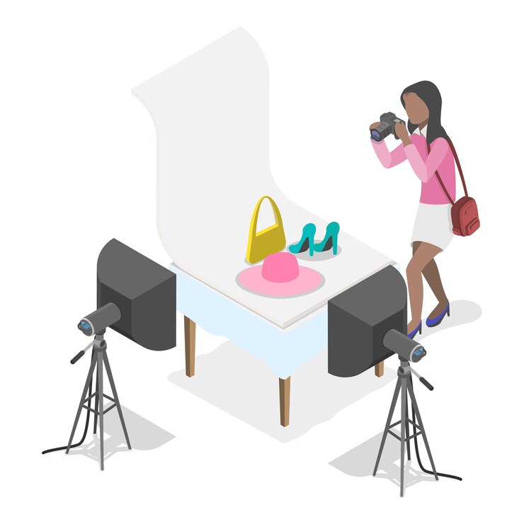 Vector d isometric flat vector illustration of photo studio photographing models during photo session item