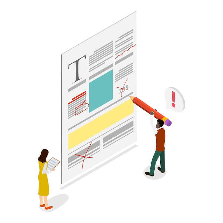 Vector d isometric flat vector illustration of proofreading and copywriting spell check item