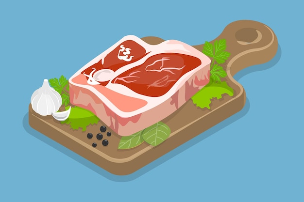 d isometric flat vector illustration of raw beaf steak fresh meat for grill