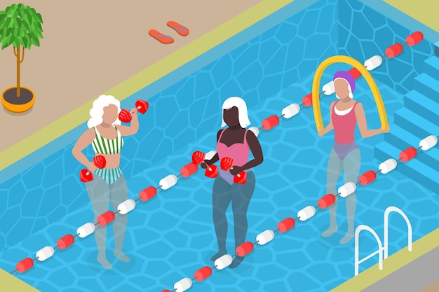 D isometric flat vector illustration of seniors swimming in a pool hydrotherapy