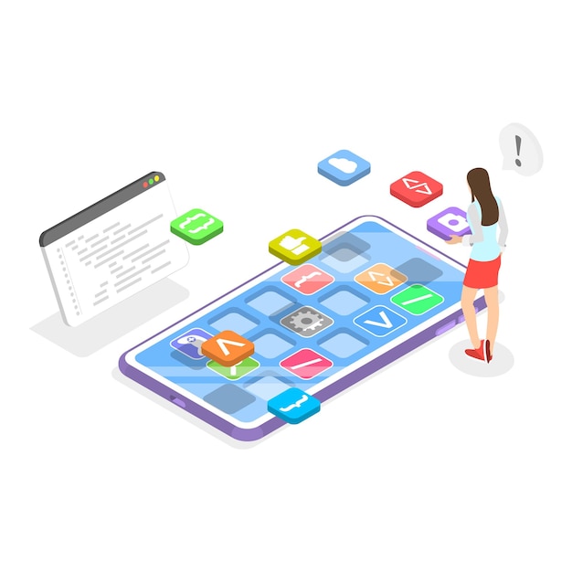 D Isometric flat vector illustration of software development creating ux ui user interface and user 사용자 인터페이스와 사용자를 만드는 소프트웨어 개발의 일러스트레이션