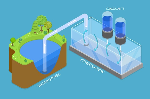 d isometric flat vector illustration of water purification raw water intake and coagulation of