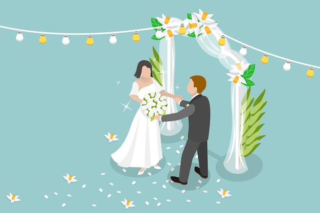 Vector d isometric flat vector illustration of wedding married couple with floral decoration