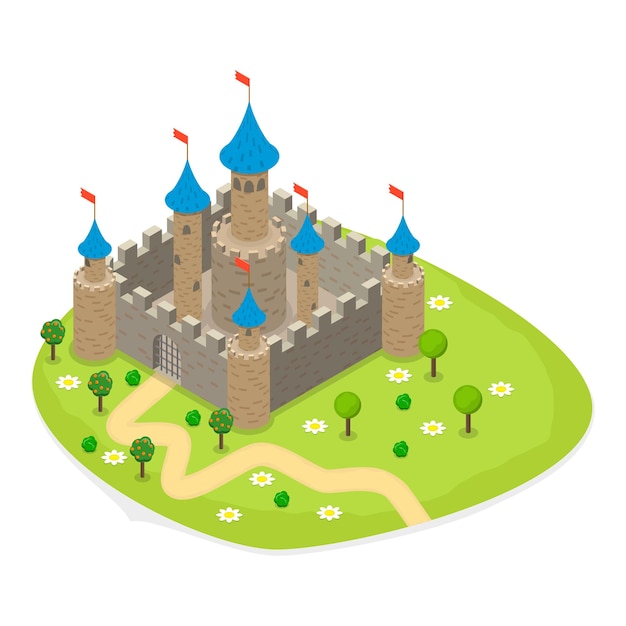 D isometric flat vector set of fairytale characters and items medieval kingdom objects collection