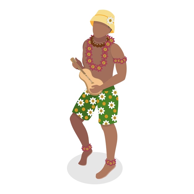 D isometric flat vector set of hawaiian dancers characters in polynesian costume item