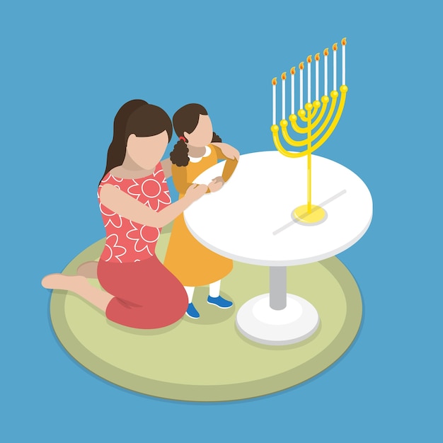 D isometrische platte vector illustratie van hanukkah tradities joodse feestdag