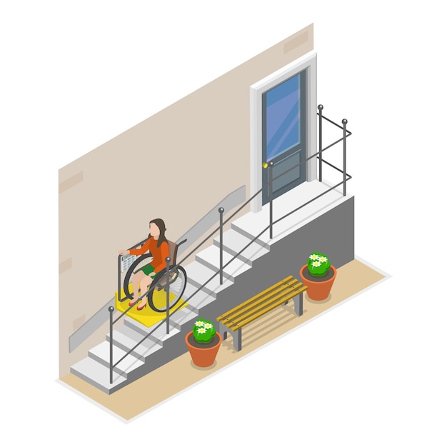 D isometrische platte vectorillustratie van de toegankelijkheid van sociale bijstand voor gehandicapten