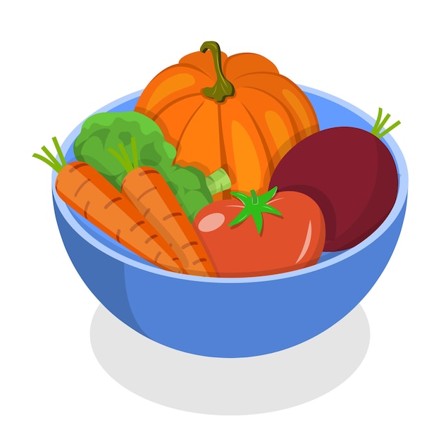 Vector d isometrische platte vectorpictogram van groente schalen set vers en gezond voedsel item