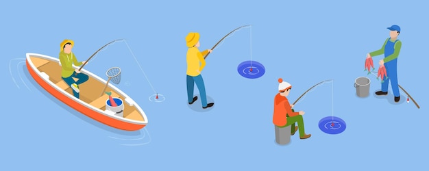 D isometrische vlakke vectorverzameling van hobby's en vrijetijdsactiviteiten van vissers