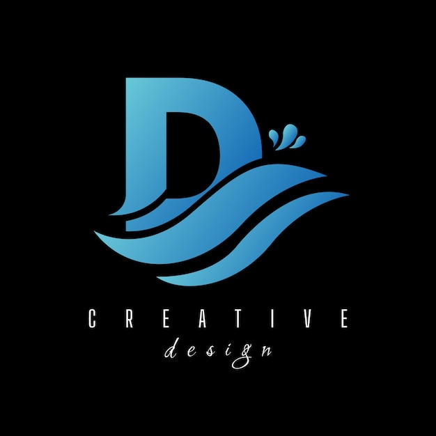 Логотип буквы D с волнами и каплями воды Дизайн векторной иллюстрации