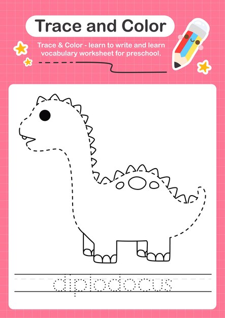 D Overtrekwoord voor dinosaurussen en kleurwerkblad met het woord Diplodocus