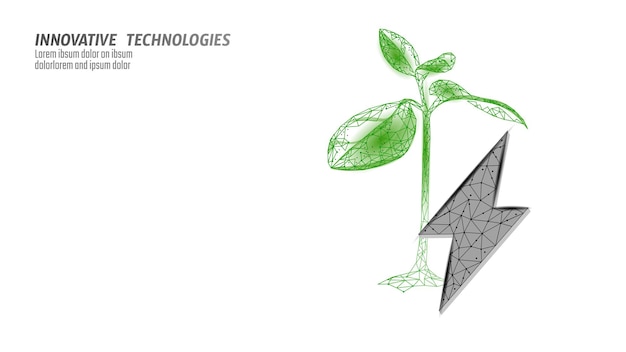 D pianta fulmine verde risparmio energetico concetto di ecologia poligonale luce blu germoglio eco elettricità