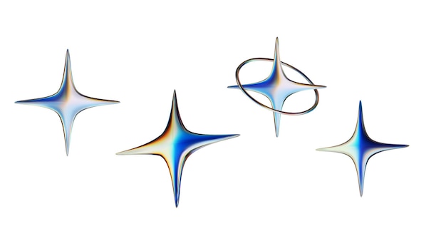 D render holographic abstract chrome stars set vector d shapes