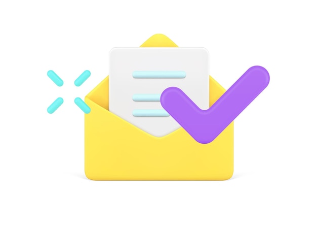 D simple icon message received open envelope with blank letter and checkmark vector illustration