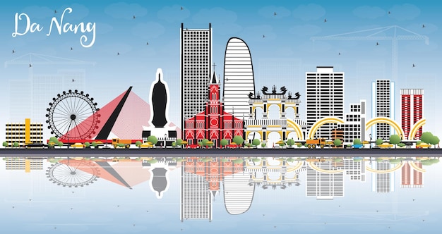 Da Nang Vietnam City Skyline with Color Buildings, Blue Sky and Reflections. Vector Illustration. Business Travel and Tourism Concept with Modern Architecture. Da Nang Cityscape with Landmarks.